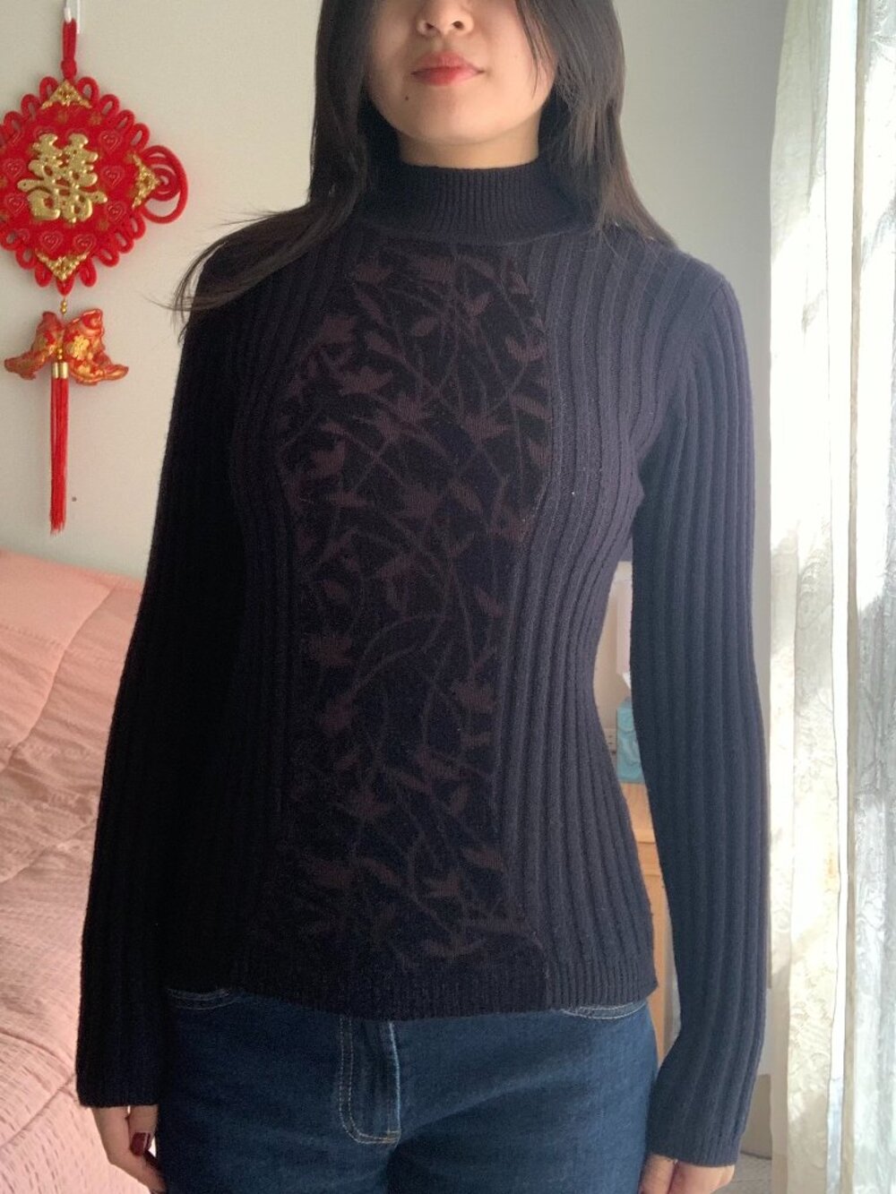 Vintage Deep Purple Mock-Neck Ribbed Sweater